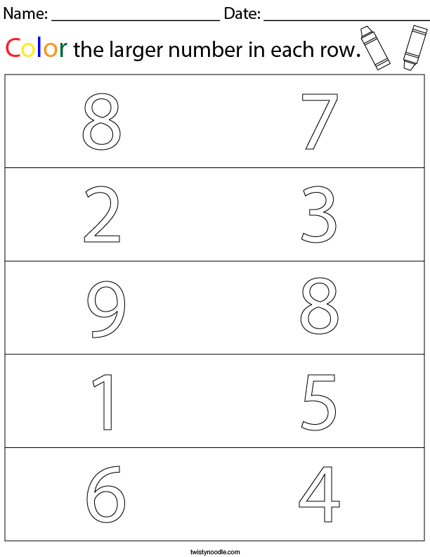 Color the Larger Number- 1 Digit Math Worksheet - Twisty Noodle